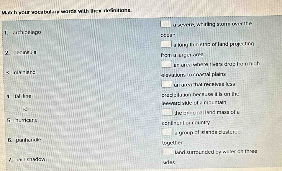 Match your vocabulary words with their definitions
a severe, whirling storm over the
1. archipelago ocean
a long thin strip of land projecting
2. peninsula
from a larger area
an area where rivers drop from high
3. mainland
elevations to coastal plains
an area that receives less
4. fall line precipitation because it is on the
leeward side of a mountain
the principal land mass of a
5. hurricane
continent or country
a group of islands clustered
6. panhandle
together
land surrounded by water on three
7. rain shadow
sides