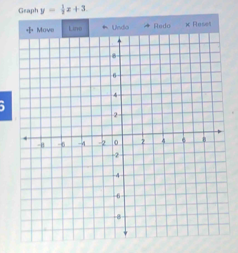 Graph y= 1/2 x+3. 
Unda Redo ×Reset 
5