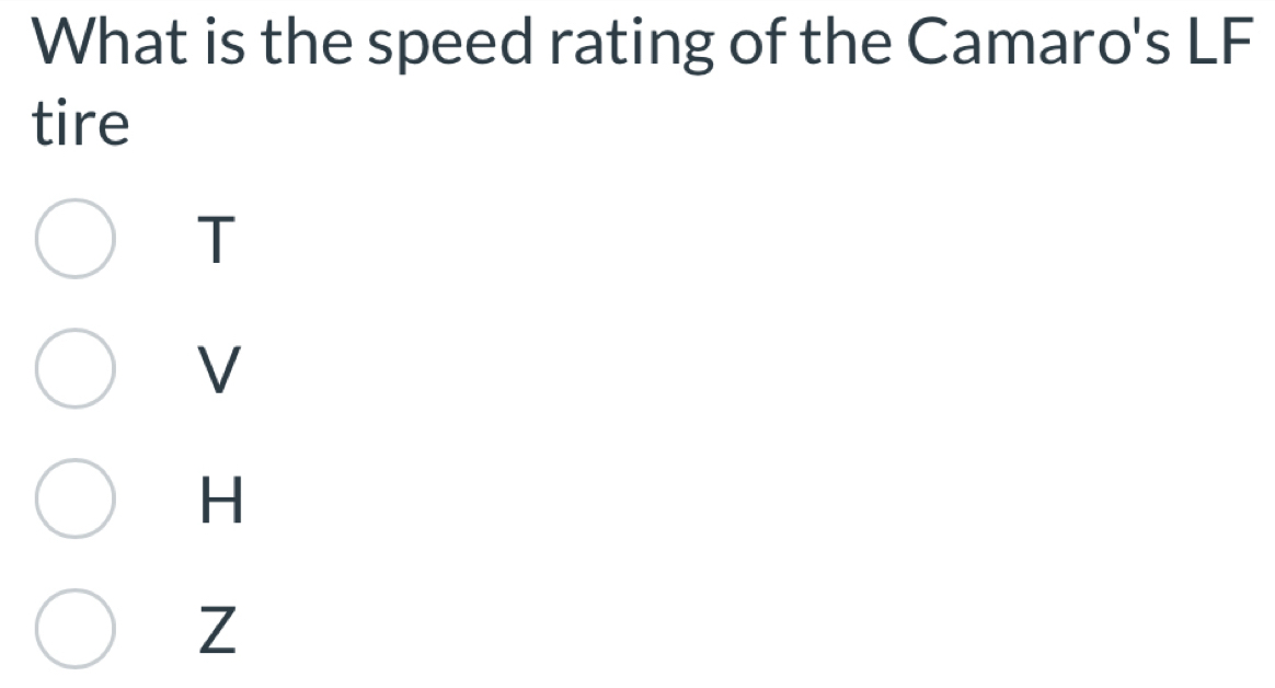 What is the speed rating of the Camaro's LF
tire
T
V
H
Z