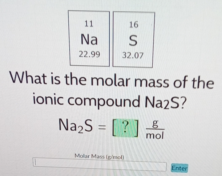 What is the molar mass of the 
ionic compound Na2S?
Na_2S= [?] g/mol 
Molar Mass (g/mol)
Enter