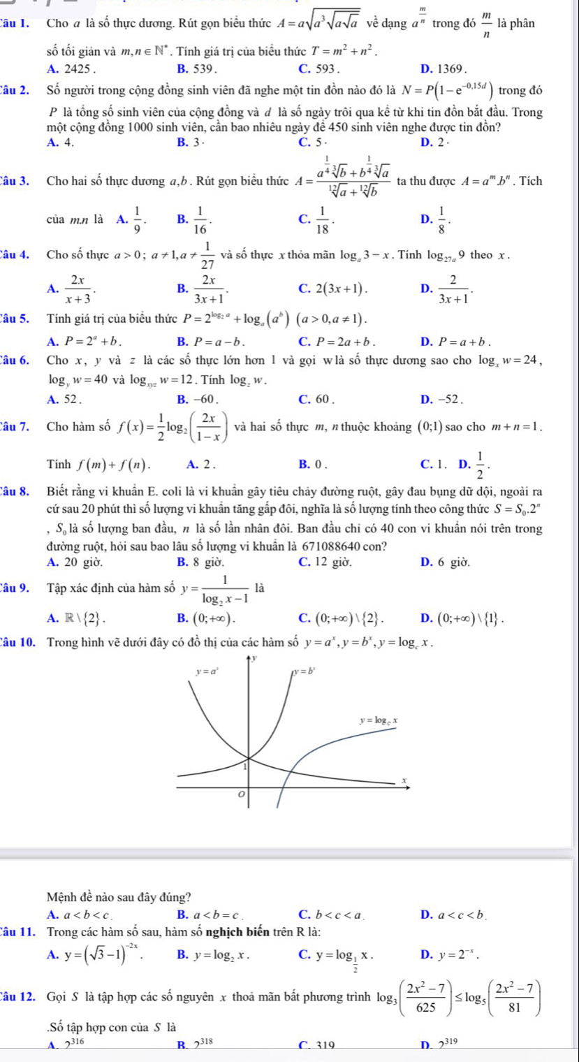 Cầu 1. Cho a là số thực dương. Rút gọn biểu thức A=asqrt(a^3sqrt asqrt a) về dạng a^(frac m)n trong đó  m/n  là phân
số tối giản và m,n∈ N^*. Tính giá trị của biểu thức T=m^2+n^2.
A. 2425 . B. 539 . C. 593 . D. 1369 .
Câu 2. Số người trong cộng đồng sinh viên đã nghe một tin đồn nào đó là N=P(1-e^(-0,15d)) trong đó
P là tổng số sinh viên của cộng đồng và đ là số ngày trôi qua kề từ khi tin đồn bắt đầu. Trong
một cộng đồng 1000 sinh viên, cần bao nhiêu ngày để 450 sinh viên nghe được tin đồn?
A. 4. B. 3 · C. 5 · D. 2 ·
Câu 3. Cho hai số thực dương a,b . Rút gọn biểu thức A=frac a^(frac 1)4sqrt[3](b)+b^(frac 1)4sqrt[3](a)sqrt[12](a)+sqrt[12](b) ta thu được A=a^m.b^n. Tích
của m.n là A.  1/9 . B.  1/16 . C.  1/18 . D.  1/8 ·
Câu 4. Cho số thực a>0;a!= 1,a!=  1/27  và số thực x thỏa mãn log _a3-x. Tính log _27a 9 theo x .
A.  2x/x+3 .  2x/3x+1 . C. 2(3x+1). D.  2/3x+1 .
B.
Câu 5. Tính giá trị của biểu thức P=2^(log _2)a+log _a(a^b)(a>0,a!= 1).
A. P=2^a+b. B. P=a-b. C. P=2a+b. D. P=a+b.
Câu 6. A Cho x, y và z là các số thực lớn hơn 1 và gọi wlà số thực dương sao cho log, w=24,
log _yw=40 và log _xyzw=12. Tính log w.
A. 52 . B. −60 . C. 60 . D. −52 .
Câu 7. Cho hàm số f(x)= 1/2 log _2( 2x/1-x ) và hai số thực m, n thuộc khoảng (0;1) sao cho m+n=1.
Tinh f(m)+f(n). A. 2 . B. 0 . C. 1 . D.  1/2 .
Câu 8. Biết rằng vi khuẩn E. coli là vi khuẩn gây tiêu chảy đường ruột, gây đau bụng dữ dội, ngoài ra
cứ sau 20 phút thì số lượng vi khuẩn tăng gấp đôi, nghĩa là số lượng tính theo công thức S=S_0.2^n
Số là số lượng ban đầu, n là số lần nhân đôi. Ban đầu chi có 40 con vi khuẩn nói trên trong
đường ruột, hỏi sau bao lâu số lượng vi khuân là 671088640 con?
A. 20 giờ. B. 8 giờ. C. 12 giờ. D. 6 giờ.
Câu 9. Tập xác định của hàm số y=frac 1log _2x-1la
A. R| 2 . B. (0;+∈fty ). C. (0;+∈fty )| 2 . D. (0;+∈fty ) 1 .
Câu 10. Trong hình vẽ dưới đây có đồ thị của các hàm số y=a^x,y=b^x,y=log _cx.
Mệnh đề nào sau đây đúng?
A. a B. a C. b D. a
Câu 11. Trong các hàm số sau, hàm số nghịch biến trên R là:
A. y=(sqrt(3)-1)^-2x. B. y=log _2x. C. y=log _ 1/2 x. D. y=2^(-x).
Câu 12. Gọi S là tập hợp các số nguyên x thoả mãn bất phương trình log _3( (2x^2-7)/625 )≤ log _5( (2x^2-7)/81 ).Số tập hợp con của S là
R. _ 2^(318)
A 2^(316) C. 319 D. 2^(319)