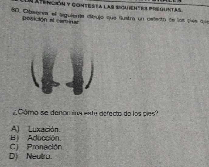 un atencióN y contesta laS siguientES preguntas.
60, Observa el siguiente dibujó que ilustra un defecto de los pies que
posición al caminar.
Cómo se denomina este defecto de los pies?
A) Luxación.
B) Aducción.
C) Pronación.
D) Neutro.