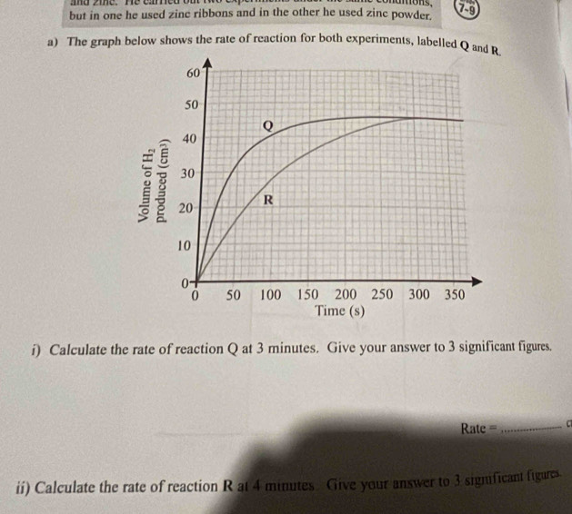 nattions, 
but in one he used zinc ribbons and in the other he used zinc powder. 79 
a) The graph below shows the rate of reaction for both experiments, labelled Q and R
i) Calculate the rate of reaction Q at 3 minutes. Give your answer to 3 significant figures.
Rate = _ a
ii) Calculate the rate of reaction R at 4 minutes. Give your answer to 3 significant figares