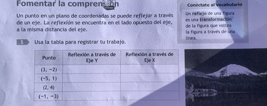 Fomentar la comprensión Conéctate al vocabulario
Un punto en un plano de coordenadas se puede reflejar a través Un reflejo de una figura
de un eje. La reflexión se encuentra en el lado opuesto del eje, es una transformación
a la misma distancia del eje. de la figura que voltea
la figura a través de una
línea.
Usa la tabla para registrar tu trabajo.