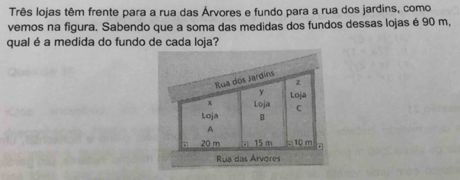 Três lojas têm frente para a rua das Árvores e fundo para a rua dos jardins, como 
vemos na figura. Sabendo que a soma das medidas dos fundos dessas lojas é 90 m, 
qual é a medida do fundo de cada loja?