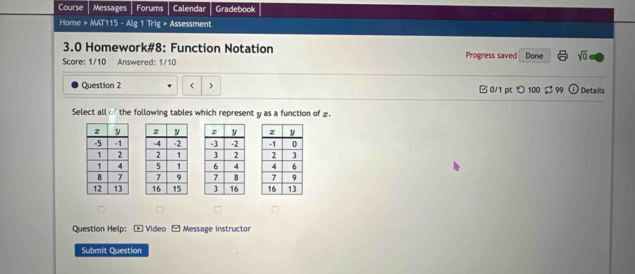 Course Messages Forums Calendar Gradebook 
Home > MAT115 - Alg 1 Trig > Assessment 
3.0 Homework#8: Function Notation Progress saved 
Score: 1/10 Answered: 1/10 Done sqrt(0) 
Question 2 < > B 0/1 pt つ 100 % 99 O Details 
Select all of the following tables which represent y as a function of x. 






Question Help: * Video *Message instructor 
Submit Question