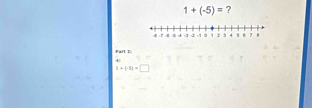 1+(-5)= ? 
Part 2: 
0
1+(-5)=□