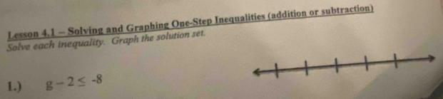 Lesson 4.1 - Solving and Graphing One-Step Inequalities (addition or subtraction) 
Solve each inequality. Graph the solution set. 
1.) g-2≤ -8