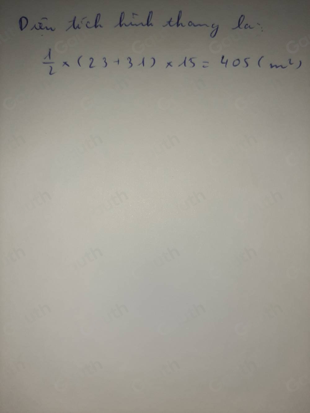 Dan tich hind thang la
 1/2 * (23+31)* 15=405(m^2)