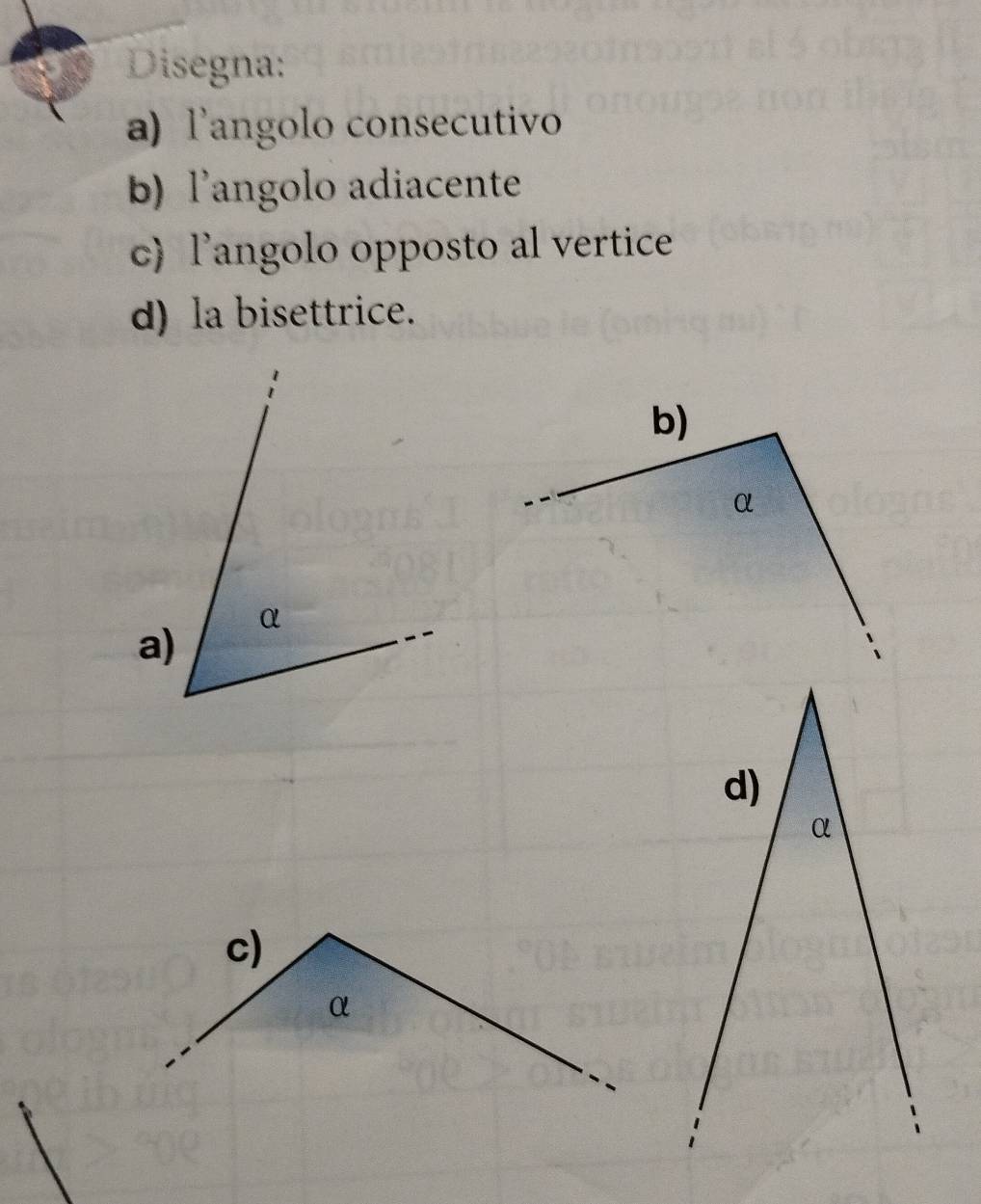 Disegna: 
a) l’angolo consecutivo 
b) l'angolo adiacente 
c) l’angolo opposto al vertice 
d) la bisettrice. 
a) α
c)
α