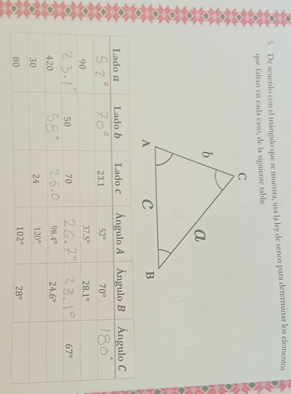 De acuerdo con el triángulo que se muestra, usa la ley de senos para determinar los elementos
que faltan en cada caso, de la siguiente tabla: