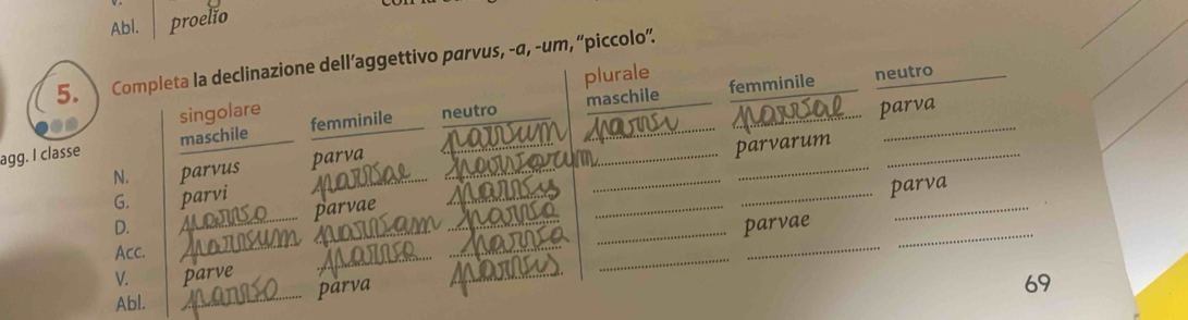 Abl. proelǐo
5. Completa la declinazione dell’aggettivo parvus, -α, -um, “piccolo”.
singolare plurale femminile neutro
maschile
agg. I classe maschile femminile neutro__
_
parva
_
N. parvus parva_
_
_
parvarum
_
_
G. parvi
parva
parvae
_
_
_
D. _parvae
_
Acc.
_
_
_
V. parve
pàrva
_
69
Abl.