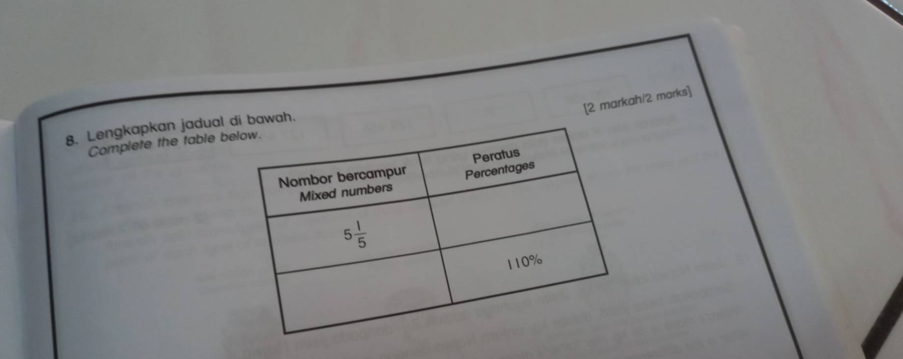 [2 markah/2 marks]
8. Lengkapkan jadual di bawah.
Complete the table b