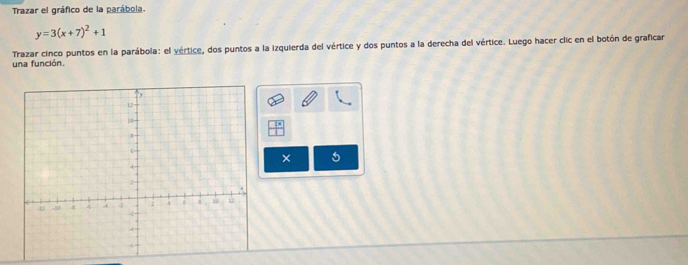 Trazar el gráfico de la parábola.
y=3(x+7)^2+1
Trazar cinco puntos en la parábola: el vértice, dos puntos a la izquierda del vértice y dos puntos a la derecha del vértice. Luego hacer clic en el botón de graficar 
una función. 
5