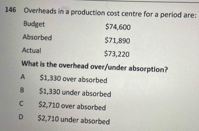 146 Overheads in a production cost centre for a period are:
Budget $74,600
Absorbed $71,890
Actual $73,220
What is the overhead over/under absorption?
A $1,330 over absorbed
B $1,330 under absorbed
C $2,710 over absorbed
D $2,710 under absorbed