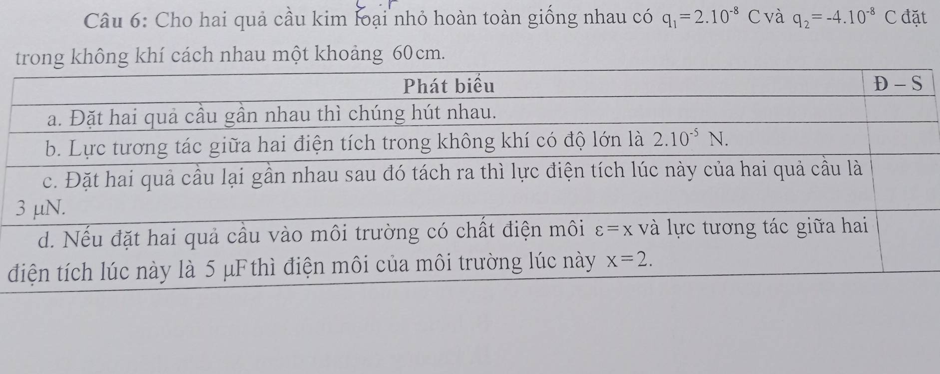 Cho hai quả cầu kim loại nhỏ hoàn toàn giống nhau có q_1=2.10^(-8)C và q_2=-4.10^(-8)C đặt
hông khí cách nhau một khoảng 60cm.