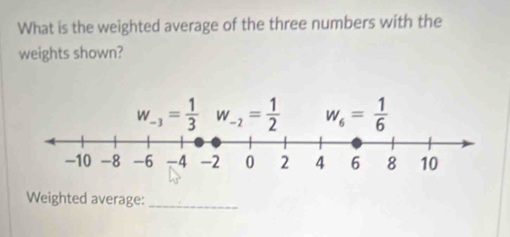 What is the weighted average of the three numbers with the 
weights shown?
w_-3= 1/3  w_-2= 1/2  w_6= 1/6 
Weighted average:_