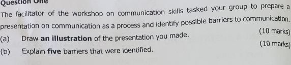 Questión One 
The facilitator of the workshop on communication skills tasked your group to prepare a 
presentation on communication as a process and identify possible barriers to communication, 
(a) Draw an illustration of the presentation you made. 
(10 marks) 
(10 marks) 
(b) Explain five barriers that were identified.
