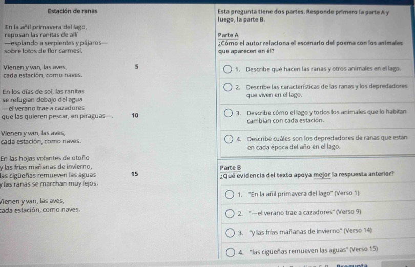 Estación de ranas Esta pregunta tiene dos partes. Responde primero la parte A y
luego, la parte B.
En la añil primavera del lago,
reposan las ranitas de allí Parte A
—espiando a serpientes y pájaros— ¿Cómo el autor relaciona el escenario del poema con los animales
sobre lotos de flor carmesí. que aparecen en él?
5
Vienen y van, las aves, 1. Describe qué hacen las ranas y otros animales en el lago.
cada estación, como naves.
En los días de sol, las ranitas 2. Describe las características de las ranas y los depredadores
se refugian debajo del agua que viven en el lago.
—el verano trae a cazadores
que las quieren pescar, en piraguas—. 10 3. Describe cómo el lago y todos los animales que lo habitan
cambian con cada estación.
Vienen y van, las aves,
cada estación, como naves. 4. Describe cuáles son los depredadores de ranas que están
en cada época del año en el lago.
En las hojas volantes de otoño
y las frías mañanas de invierno, Parte B
las cigüeñas remueven las aguas 15
y las ranas se marchan muy lejos. ¿Qué evidencia del texto apoya mejor la respuesta anterior?
Vienen y van, las aves, 1. "En la añil primavera del lago" (Verso 1)
cada estación, como naves.
2. "—el verano trae a cazadores” (Verso 9)
3. "y las frías mañanas de invierno" (Verso 14)
4. ''las cigüeñas remueven las aguas" (Verso 15)