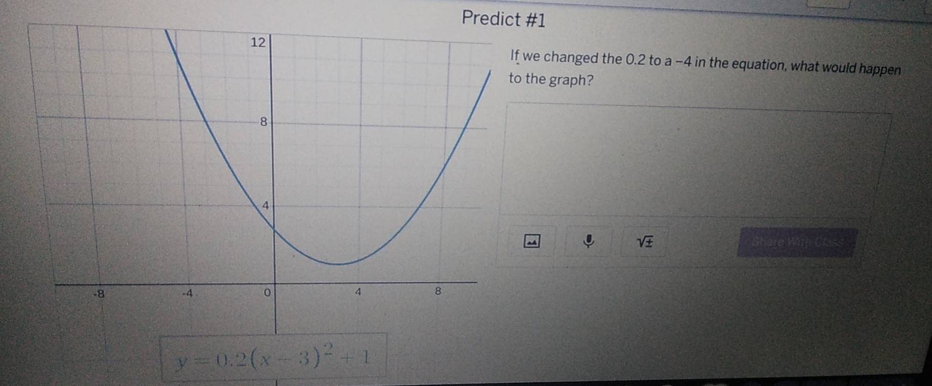 Predict #1 
e changed the 0.2 to a −4 in the equation, what would happen 
he graph?
sqrt(± ) Shere With Class
y=0.2(x-3)^2+1