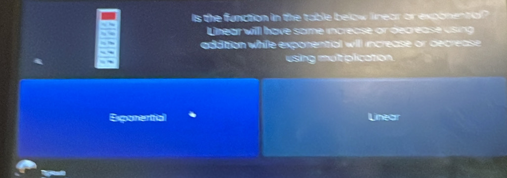 Is the function in the table below lirear or exponental ?
a Lnear will have some increase or decrease using
addition while exponential will increase or decrease 
using mut plication.
Exponential Lnear