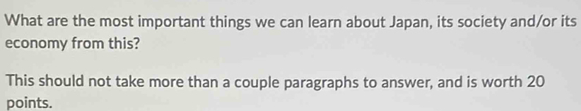 What are the most important things we can learn about Japan, its society and/or its 
economy from this? 
This should not take more than a couple paragraphs to answer, and is worth 20
points.