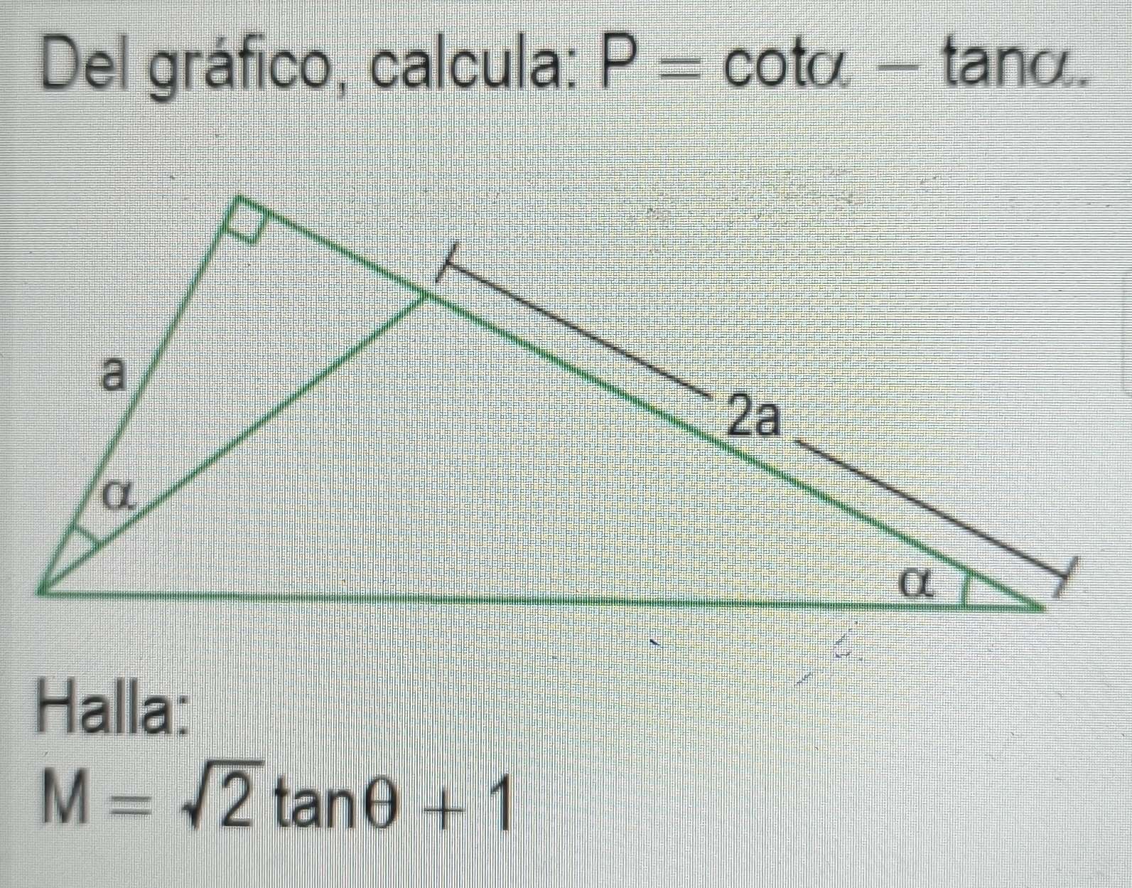 Del gráfico, calcula: P=cot a-tan a.
M=sqrt(2)tan θ +1