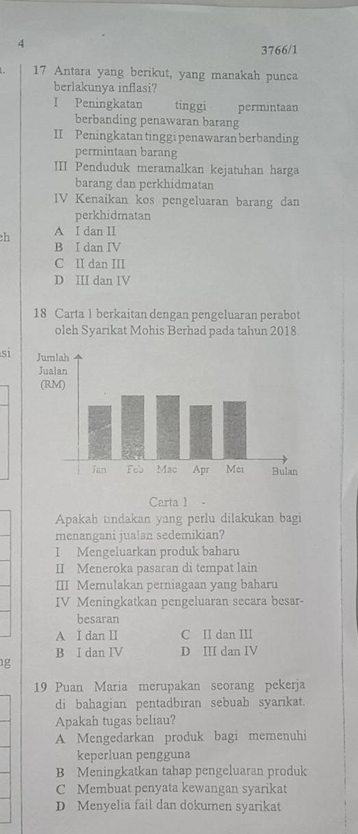 4
3766/1
17 Antara yang berikut, yang manakah punca
berlakunya inflasi?
I Peningkatan tinggi permintaan
berbanding penawaran barang
II Peningkatan tinggi penawaran berbanding
permintaan barang
III Penduduk meramalkan kejatuhan harga
barang dan perkhidmatan
IV Kenaikan kos pengeluaran barang dan
perkhidmatan
ch A I dan II
B I dan IV
C II dan III
D III dan IV
18 Carta 1 berkaitan dengan pengeluaran perabot
oleh Syarikat Mohis Berhad pada tahun 2018.
si
Carta 1
Apakah tindakan yang perlu dilakukan bagi
menangani jualan sedemikian?
I Mengeluarkan produk baharu
II Meneroka pasaran di tempat lain
III Memulakan perniagaan yang baharu
IV Meningkatkan pengeluaran secara besar-
besaran
A I dan II C II dan III
B I dan IV D III dan IV
g
19 Puan Maria merupakan seorang pekerja
di bahagian pentadbiran sebuah syarıkat.
Apakah tugas beliau?
A Mengedarkan produk bagi memenuhi
keperluan pengguna
B Meningkatkan tahap pengeluaran produk
C Membuat penyata kewangan syarikat
D Menyelia fail dan dokumen syarikat