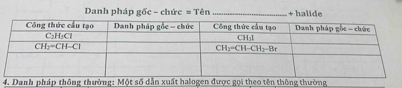 Danh pháp gốc - chức = Tên _+ halide
4. Danh pháp thông thường: Một số dẫn xuất halogen được gọi theo tên thông thường