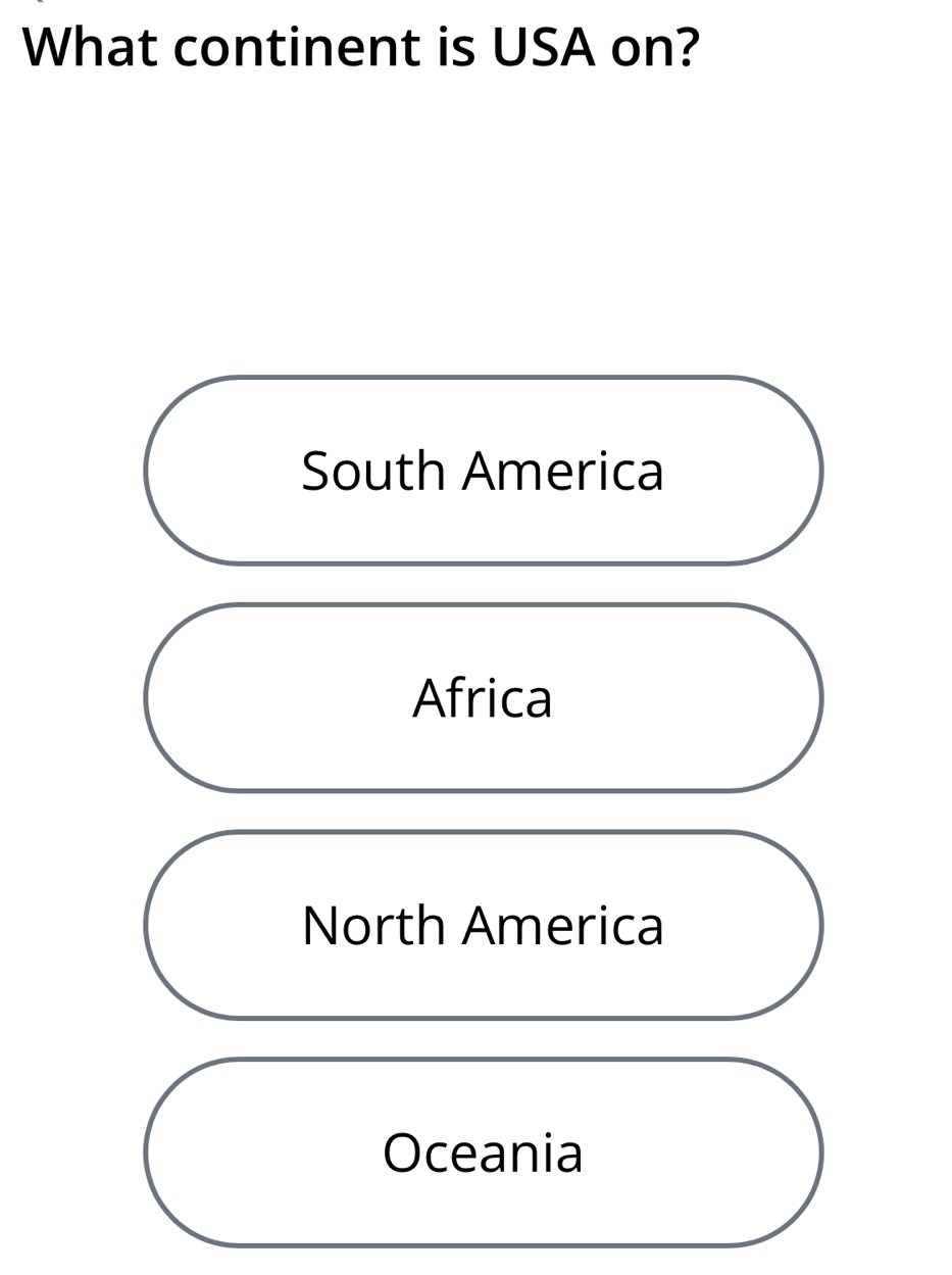 What continent is USA on?
South America
Africa
North America
Oceania