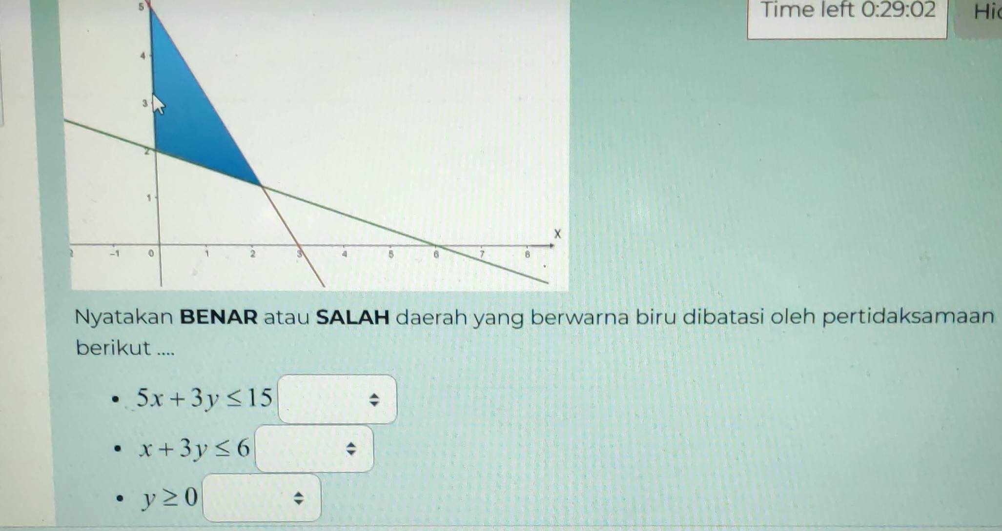 Time left 0:29:02 Hi 
rna biru dibatasi oleh pertidaksamaan 
berikut ....
5x+3y≤ 15
x+3y≤ 6
y≥ 0
、