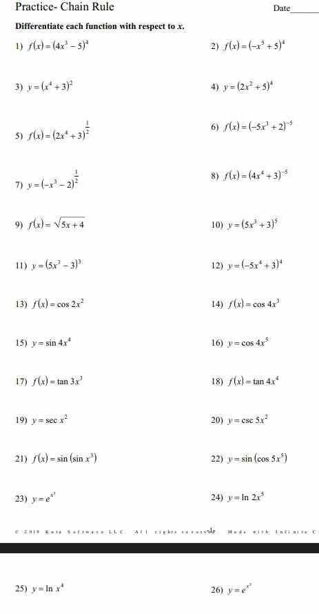 Practice- Chain Rule Date 
_ 
Differentiate each function with respect to x. 
1) f(x)=(4x^3-5)^4 2) f(x)=(-x^5/ 5)^4
3) y=(x^4+3)^2 y=(2x^2+5)^4
4) 
5) f(x)=(2x^4+3)^ 1/2 
6) f(x)=(-5x^3+2)^-5
7) y=(-x^3-2)^ 1/2 
8) f(x)=(4x^4+3)^-5
9) f(x)=sqrt(5x+4) 10) y=(5x^3+3)^5
11) y=(5x^3-3)^3 12) y=(-5x^4+3)^4
13) f(x)=cos 2x^2 14) f(x)=cos 4x^3
15) y=sin 4x^4 16) y=cos 4x^5
17) f(x)=tan 3x^3 18) f(x)=tan 4x^4
19) y=sec x^2 20) y=csc 5x^2
21) f(x)=sin (sin x^3) 22) y=sin (cos 5x^5)
23) y=e^(x^3) 24) y=ln 2x^5
25) y=ln x^4 26) y=e^(x^2)