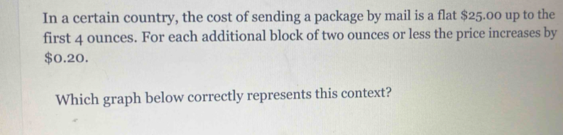 In a certain country, the cost of sending a package by mail is a flat $25.00 up to the 
first 4 ounces. For each additional block of two ounces or less the price increases by
$0.20. 
Which graph below correctly represents this context?