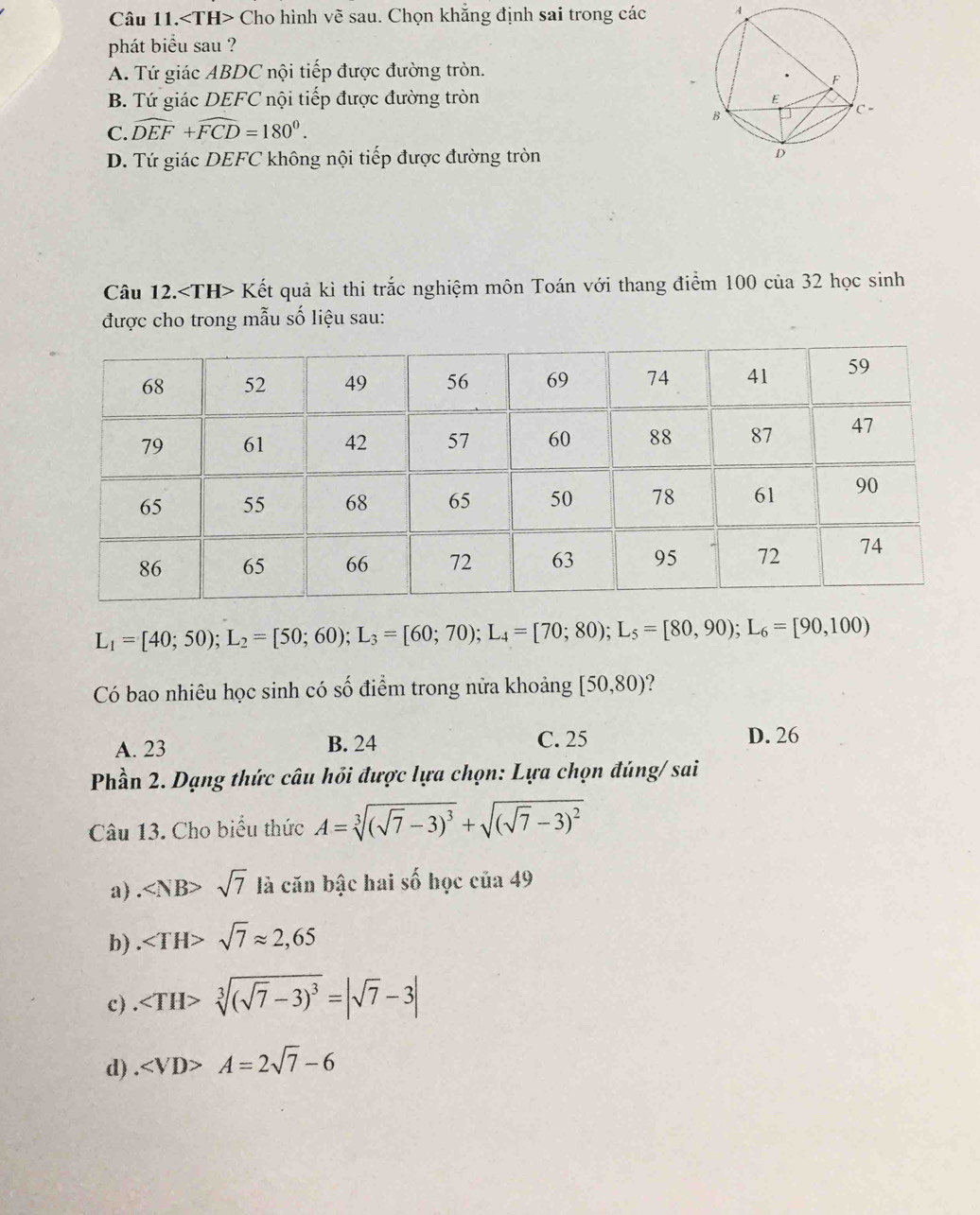 ∠ TH> * Cho hình vẽ sau. Chọn khẳng định sai trong các A
phát biểu sau ?
A. Tứ giác ABDC nội tiếp được đường tròn.
B. Tứ giác DEFC nội tiếp được đường tròn
C. widehat DEF+widehat FCD=180^0.
D. Tứ giác DEFC không nội tiếp được đường tròn 
Câu 12. Kết quả kỉ thi trắc nghiệm môn Toán với thang điểm 100 của 32 học sinh
được cho trong mẫu số liệu sau:
L_1=[40;50); L_2=[50;60); L_3=[60;70); L_4=[70;80); L_5=[80,90); L_6=[90,100)
Có bao nhiêu học sinh có số điểm trong nửa khoảng [50,80)
A. 23 B. 24 C. 25 D. 26
Phần 2. Dạng thức câu hồi được lựa chọn: Lựa chọn đúng/ sai
Câu 13. Cho biểu thức A=sqrt[3]((sqrt 7)-3)^3+sqrt((sqrt 7)-3)^2
a) . sqrt(7) là căn bậc hai số học của 49
b) . sqrt(7)approx 2,65
c). sqrt[3]((sqrt 7)-3)^3=|sqrt(7)-3|
d) . A=2sqrt(7)-6