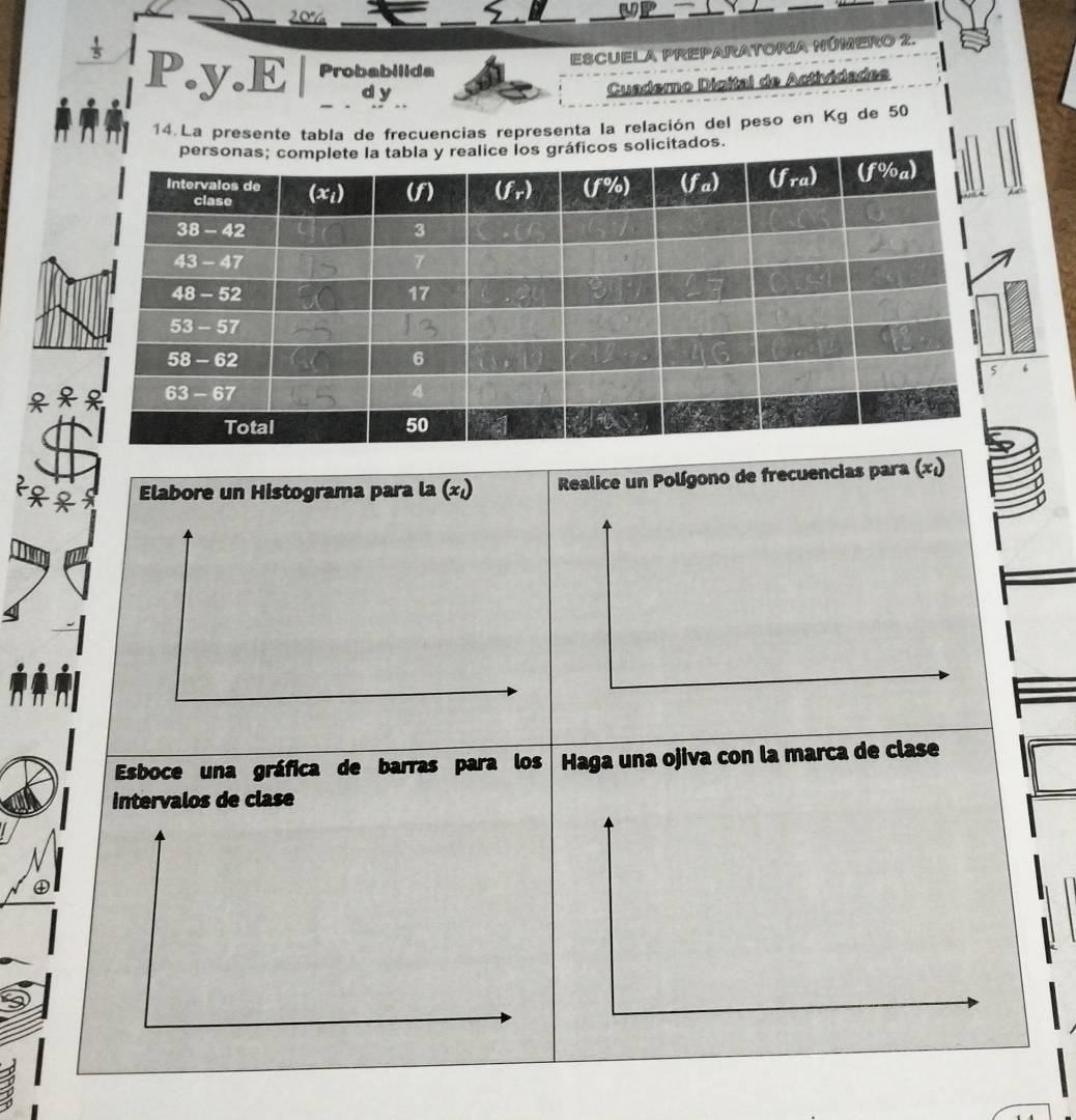 20%
* 
P.y.E | Probabilida EsCUELA PREparAtoRíA NúMEro 2. 
d y 
Cuaderno Digital de Actividades 
14.La presente tabla de frecuencias representa la relación del peso en Kg de 50
s. 
‘ 

F * Elabore un Histograma para la (∞₁) Realice un Polígono de frecuencias para (∞₁) 
Esboce una gráfica de barras para los Haga una ojiva con la marca de clase 
intervalos de clase