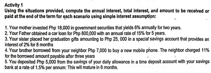 Activity 1 
Using the situations provided, compute the annual interest, total interest, and amount to be received or 
paid at the end of the term for each scenario using simple interest assumption: 
1. Your mother invested Php 18,000 in government securities that yields 6% annually for two years. 
2. Your Father obtained a car loan for Php 800,000 with an annual rate of 15% for 5 years. 
3. Your sister placed her graduation gifts amounting to Php 25, 000 in a special savings account that provides an 
interest of 2% for 8 months
4. Your brother borrowed from your neighbor Php 7,000 to buy a new mobile phone. The neighbor charged 11%
for the borrowed amount payable after three years
5. You deposited Php 5,000 from the savings of your daily allowance in a time deposit account with your savings 
bank at a rate of 1.5% per annum. This will mature in 6 months.