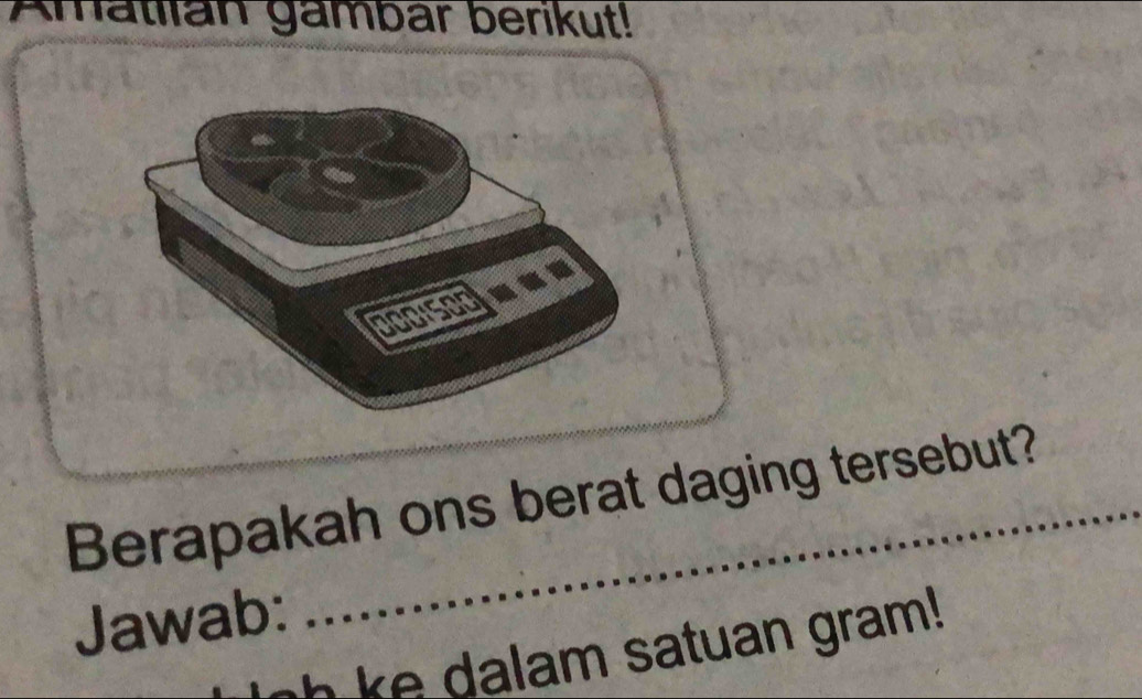 Amatiian gambar berikut! 
Berapakah ons berat daging tersebut? 
Jawab: 
ke dalam satuan gram !