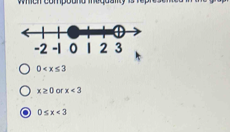 which compound mequanity is rep
0
x≥ 0 or x<3</tex>
0≤ x<3</tex>