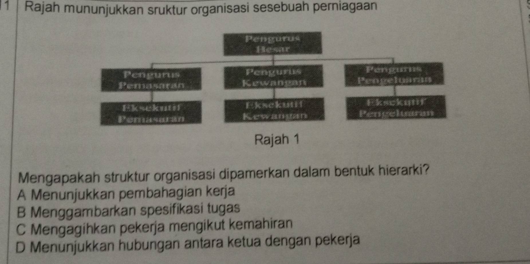 Rajah mununjukkan sruktur organisasi sesebuah perniagaan
Mengapakah struktur organisasi dipamerkan dalam bentuk hierarki?
A Menunjukkan pembahagian kerja
B Menggambarkan spesifikasi tugas
C Mengagihkan pekerja mengikut kemahiran
D Menunjukkan hubungan antara ketua dengan pekerja