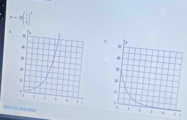 y=30( 1/4 )^x
a. C.

Mark thes and rusn