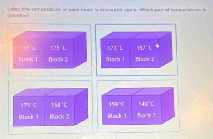 Later, the temperature of each block is measured again. Which pair of temperatures is
possible?
158°C 175°C
Block 1 Block 2
175°C 158°C
Block 1 Block 2