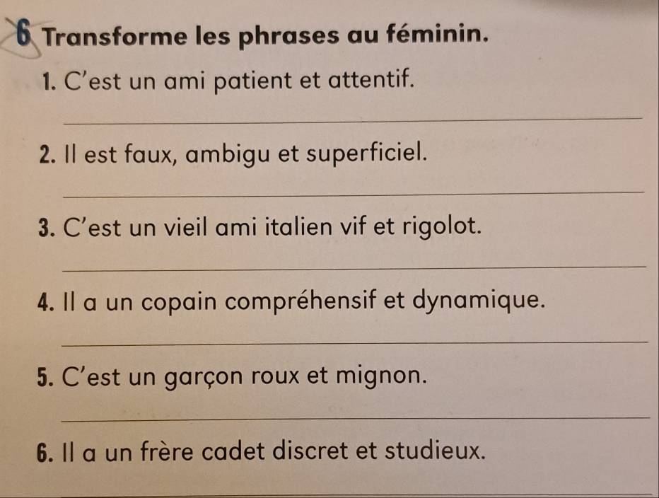 Transforme les phrases au féminin. 
1. C’est un ami patient et attentif. 
_ 
2. Il est faux, ambigu et superficiel. 
_ 
3. C’est un vieil ami italien vif et rigolot. 
_ 
4. Il a un copain compréhensif et dynamique. 
_ 
5. C'est un garçon roux et mignon. 
_ 
6. Il a un frère cadet discret et studieux. 
_