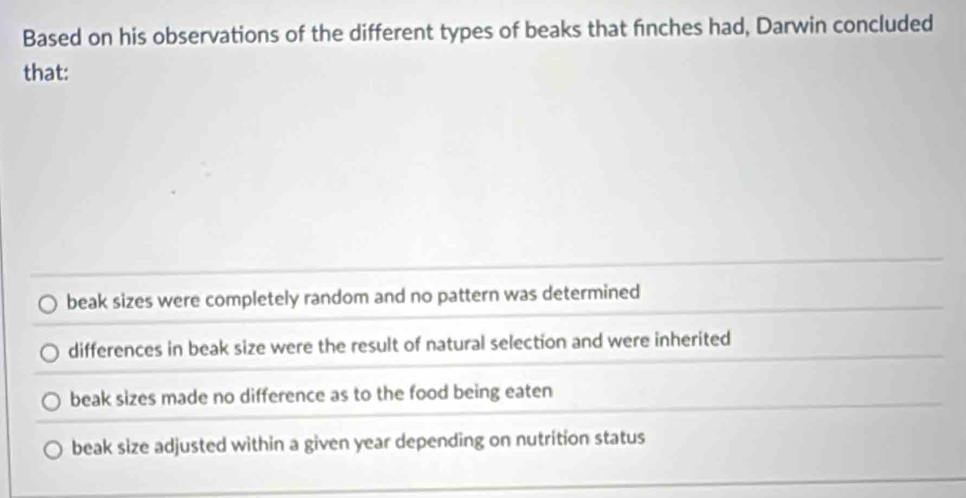 Solved: Based on his observations of the different types of beaks that ...