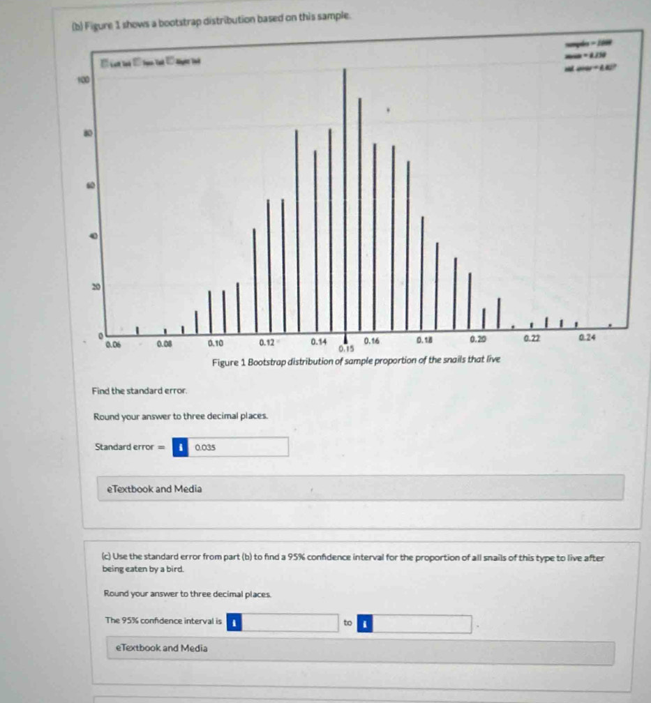 bootstrap distribution based on this sample. 
Find the standard error. 
Round your answer to three decimal places. 
Standard error = 0.035 □ 
eTextbook and Media 
(c) Use the standard error from part (b) to find a 95% confidence interval for the proportion of all snails of this type to live after 
being eaten by a bird. 
Round your answer to three decimal places 
The 95% confidence interval is i □ 6 □ 
eTextbook and Media