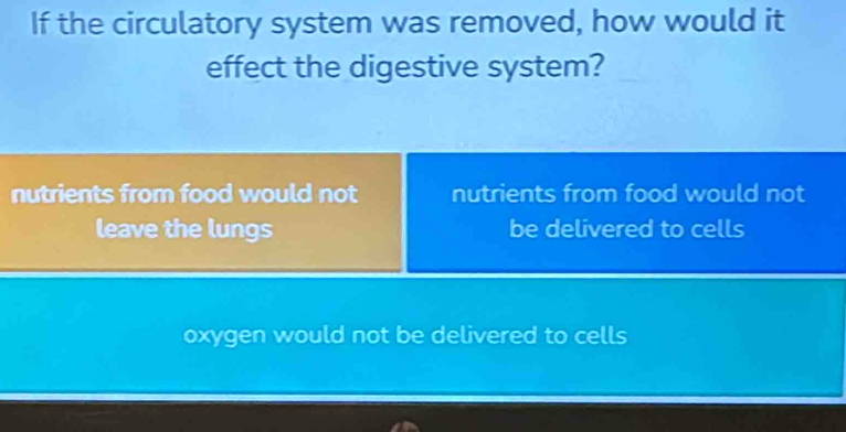 If the circulatory system was removed, how would it
effect the digestive system?
nutrients from food would not nutrients from food would not
leave the lungs be delivered to cells
oxygen would not be delivered to cells