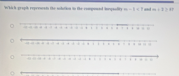 Which graph represents the solution to the compound inequality m-1<7</tex> and m+2≥ 8 J