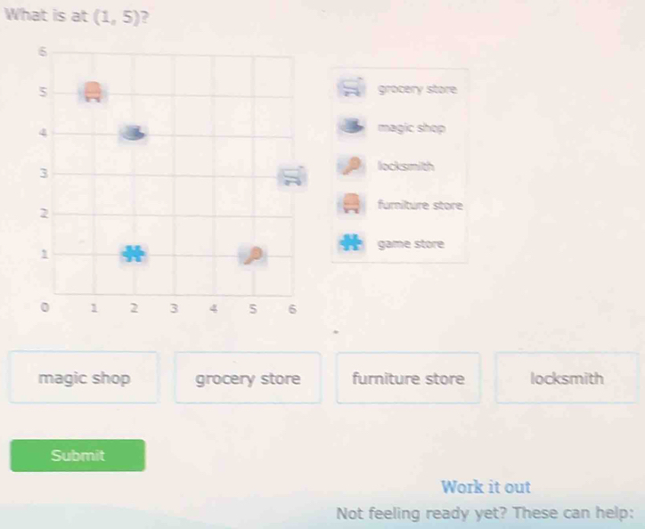 What is at (1,5) ?
grocery store
magic shop
locksmith
furiture store
game store
magic shop grocery store furniture store locksmith
Submit
Work it out
Not feeling ready yet? These can help: