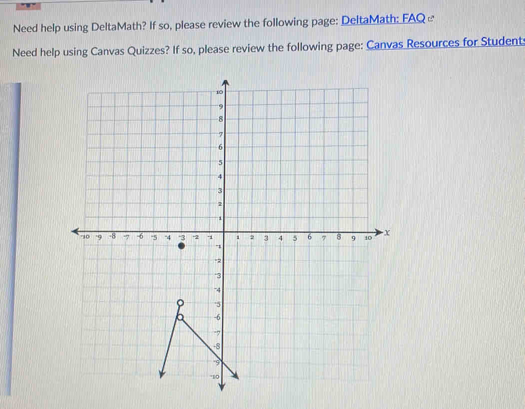 Need help using DeltaMath? If so, please review the following page: DeltaMath: FAQ≌ 
Need help using Canvas Quizzes? If so, please review the following page: Canvas Resources for Student: