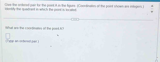 Give the ordered pair for the pointA in the figure. (Coordinates of the point shown are integers.) 
ldentify the quadrant in which the point is located. 
What are the coordinates of the point A? 
(Type an ordered pair.)