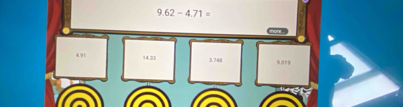 9.62-4.71=
more...
4.91 14.33 3.748 9.019